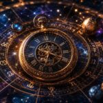 Illustration of a glowing natal chart wheel combined with a vintage clock mechanism representing timezone accuracy in astrology