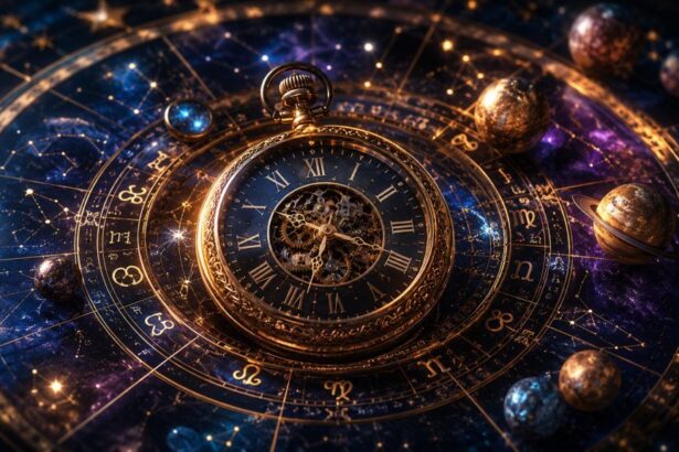 Illustration of a glowing natal chart wheel combined with a vintage clock mechanism representing timezone accuracy in astrology
