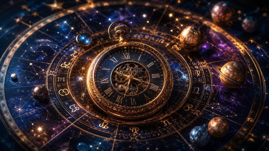 Illustration of a glowing natal chart wheel combined with a vintage clock mechanism representing timezone accuracy in astrology